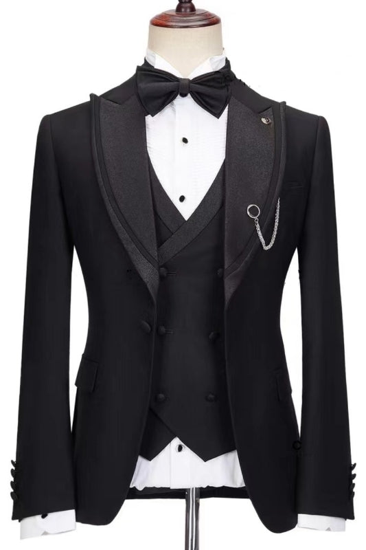 Trendy Black Bespoke Peaked Lapel Three Pieces Wedding Suits
