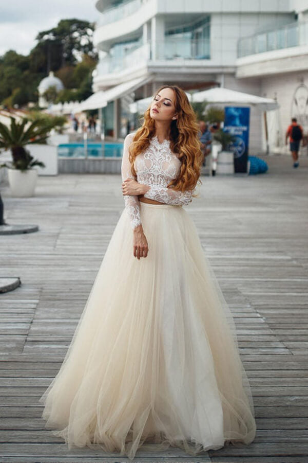Two Piece A-line Long Lace Tulle Wedding Dress with Sleeves Two Piece A-line Long Lace Tulle Wedding Dress with Sleeves
