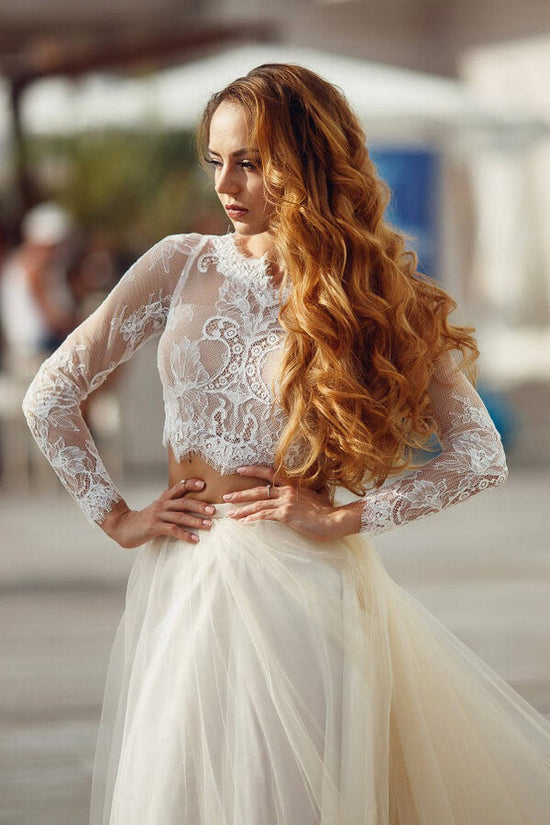 Two Piece A-line Long Lace Tulle Wedding Dress with Sleeves-BIZTUNNEL