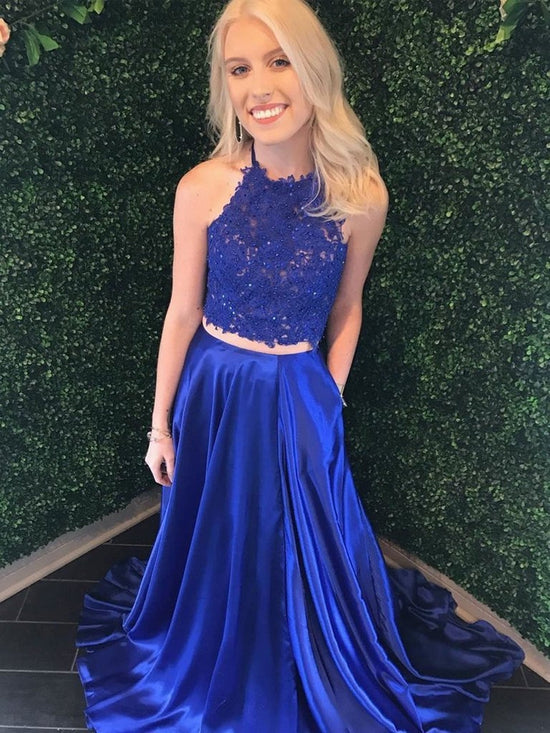 Two Piece Royal Blue Long A-line Halter Lace Satin Formal Prom Dresses with Pockets-BIZTUNNEL