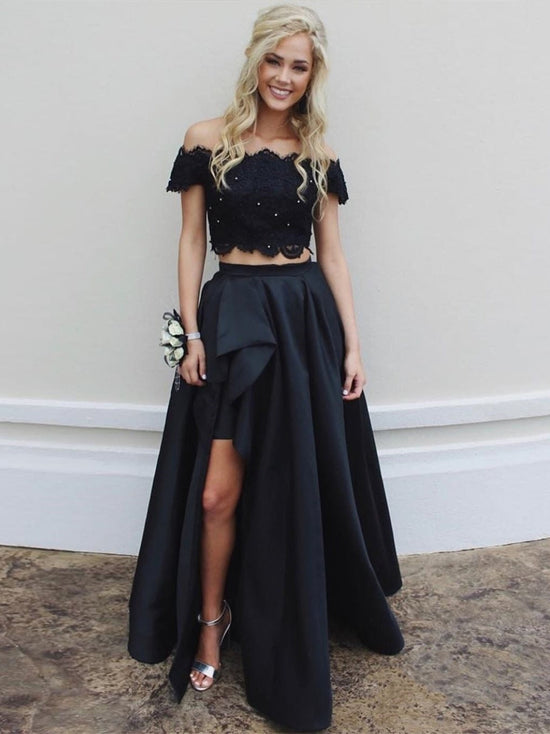 Laden Sie das Bild in den Galerie-Viewer, Two Pieces A-line Off Shoulder Lace Long Prom Dresses with Split High-Low Black Formal Evening Gowns-BIZTUNNEL
