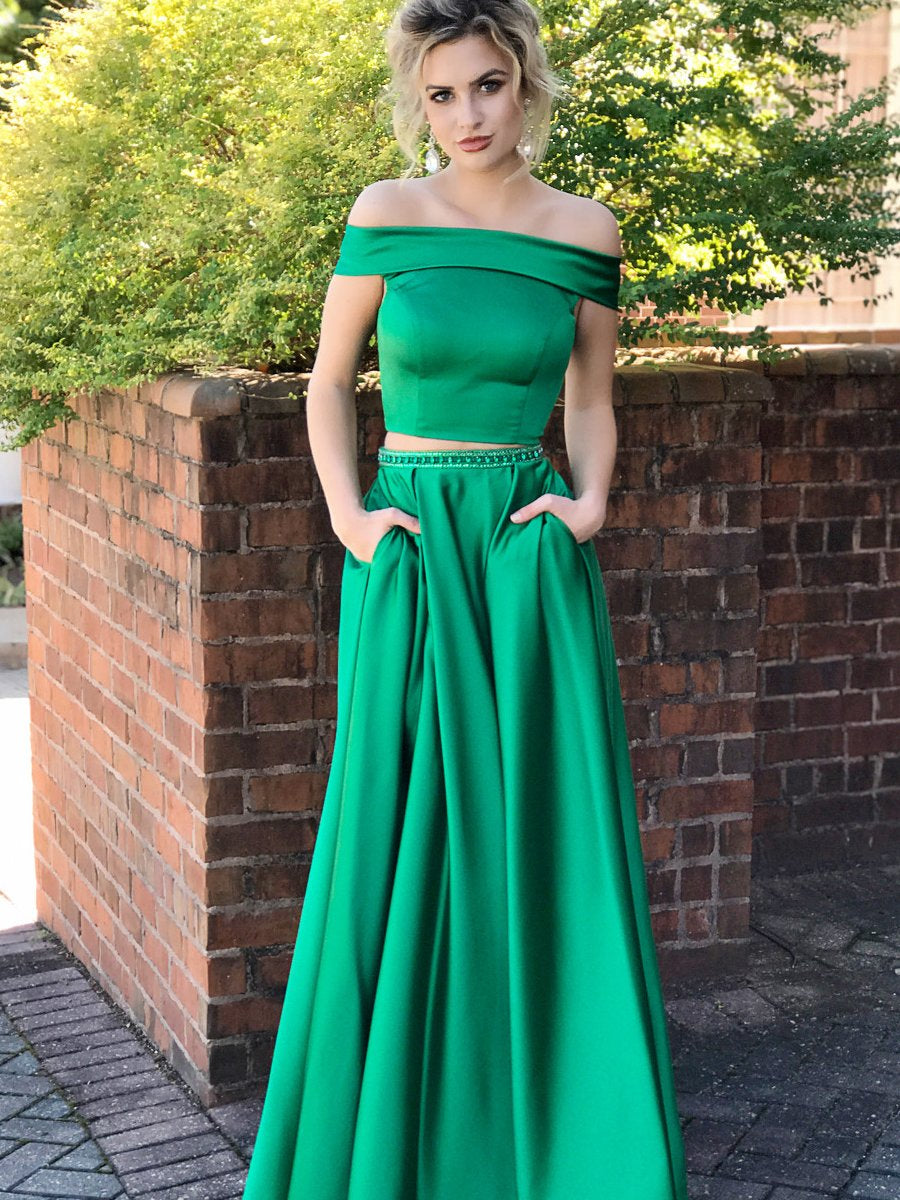 Two Pieces A-line Off the Shoulder Satin Long Prom Dresses with Pockets-BIZTUNNEL