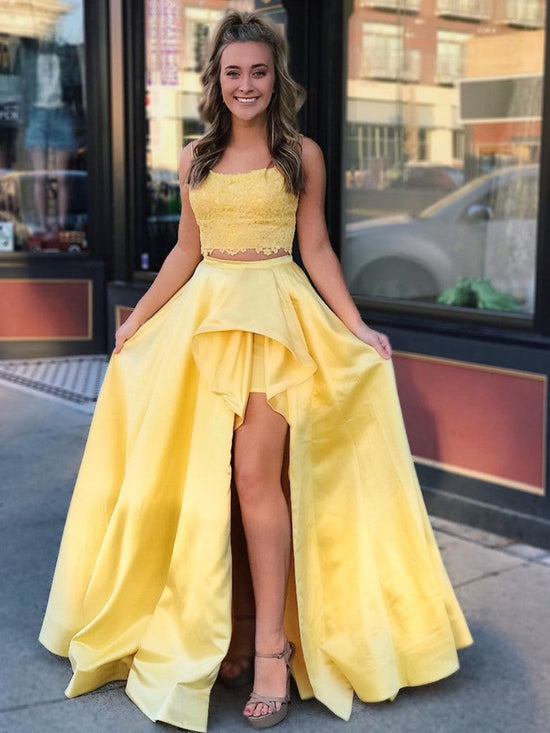 Two Pieces High Low A-line Satin Lace Yellow Prom Formal Dresses-BIZTUNNEL