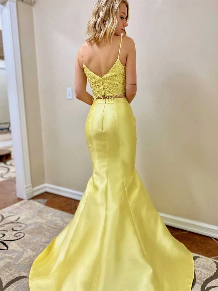 Laden Sie das Bild in den Galerie-Viewer, Two Pieces Mermaid V Neck Satin Lace Long Yellow Prom Dresses-BIZTUNNEL
