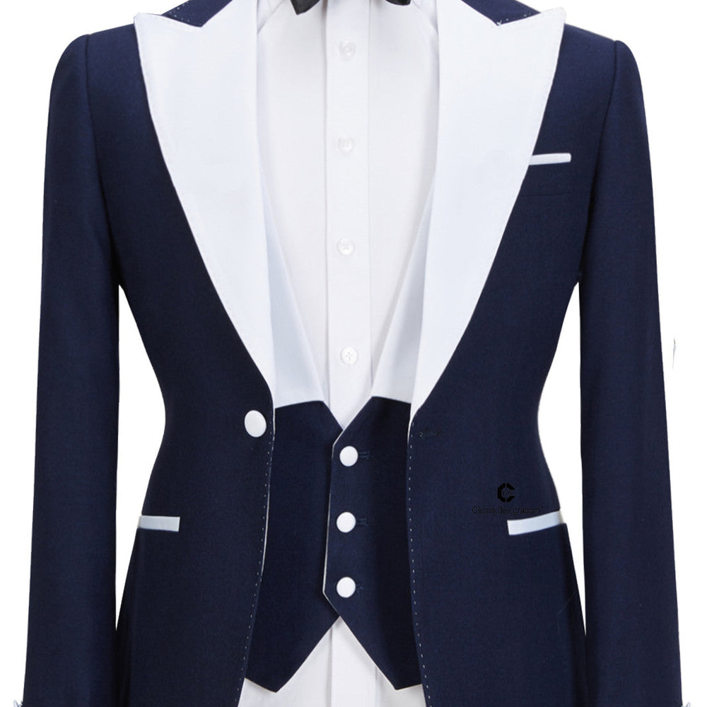 Tyler Stylish Navy Blue Peaked Lapel Slim Fit Three Pieces Men suits