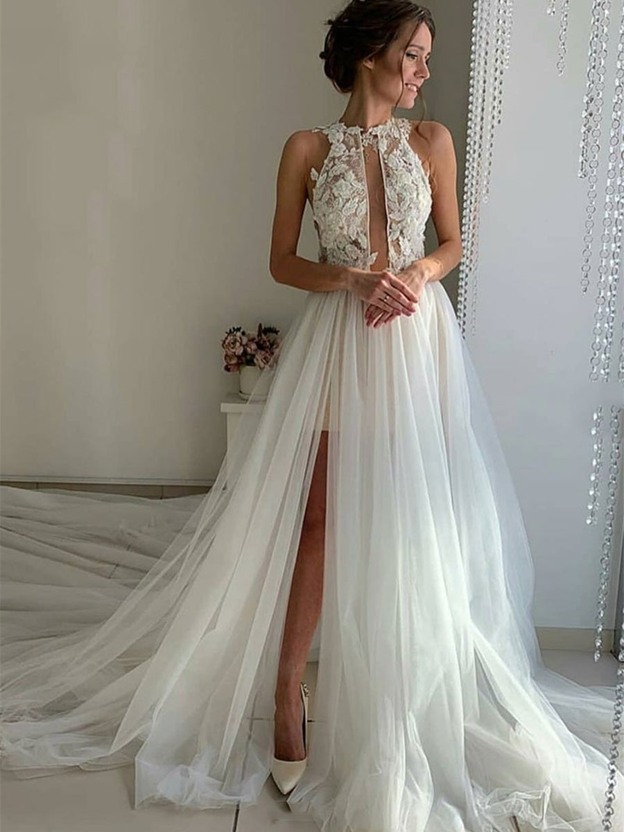 Unique A-line High Neck Lace Tulle Long Wedding Dresses with Slit-BIZTUNNEL