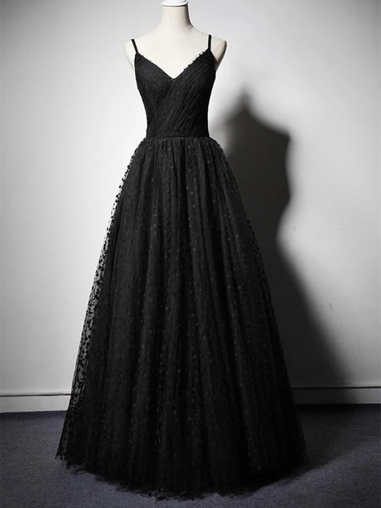 Cargar imagen en el visor de la Galería, Unique A-line V Neck Long Prom Dresses Black Formal Evening Gowns-BIZTUNNEL
