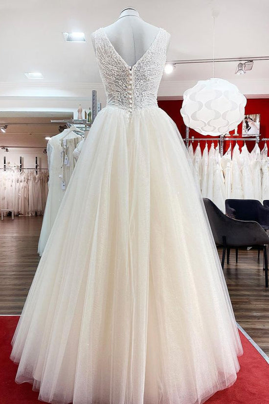 Unique Ivory Long Princess V-neck Tulle Lace Wedding Dress-BIZTUNNEL