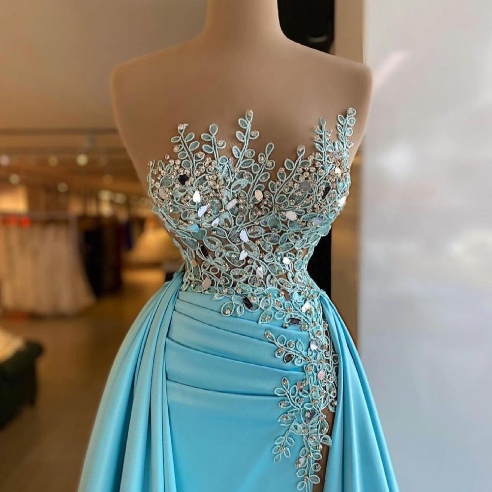 Unique Long A-line Bateau Appliques Crystal Ruffles Prom Dress Unique Long A-line Bateau Appliques Crystal Ruffles Prom Dress