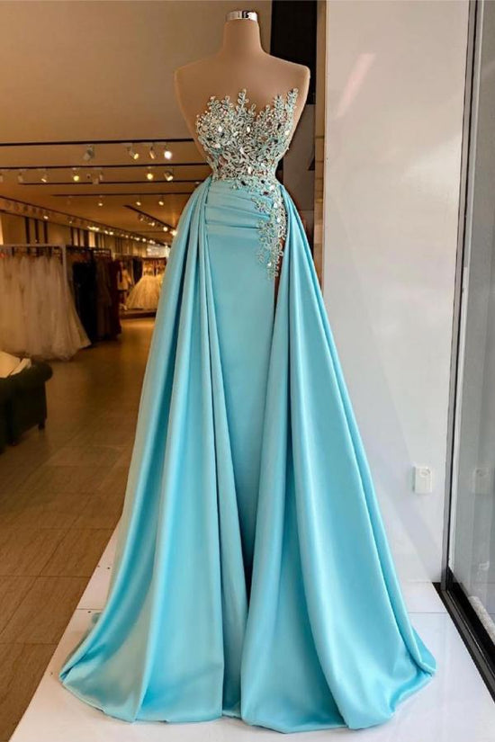 Unique Long A-line Bateau Appliques Crystal Ruffles Prom Dress-BIZTUNNEL