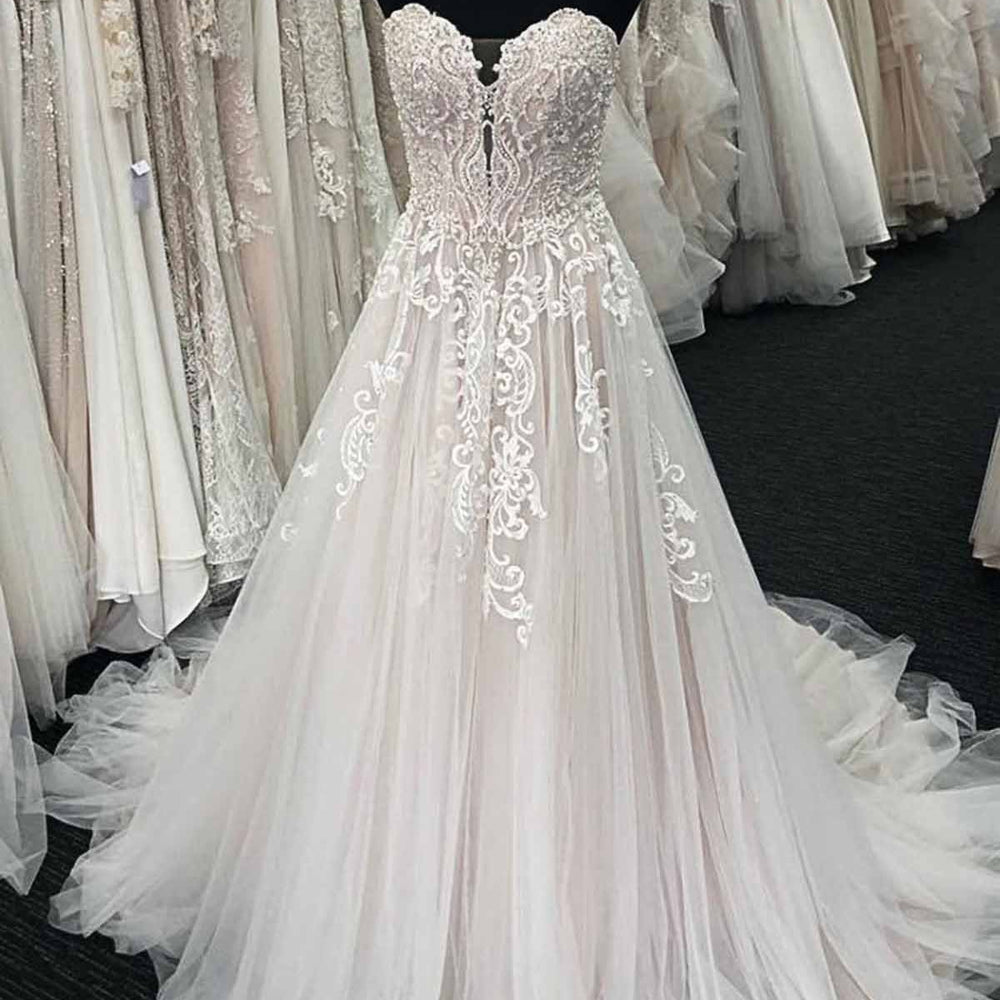 Unique Long A-line Lace Sweetheart Tulle Wedding Dress-BIZTUNNEL