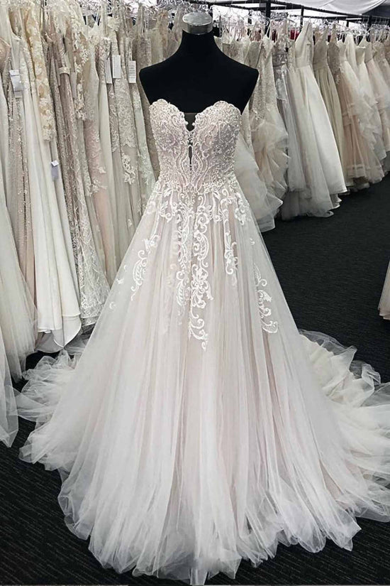 Unique Long A-line Lace Sweetheart Tulle Wedding Dress-BIZTUNNEL