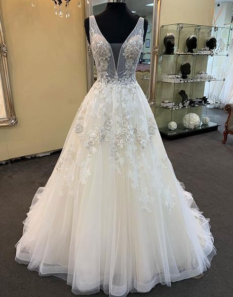 Unique Long A-line Tulle V Neck Beaded Lace Wedding Dress-BIZTUNNEL