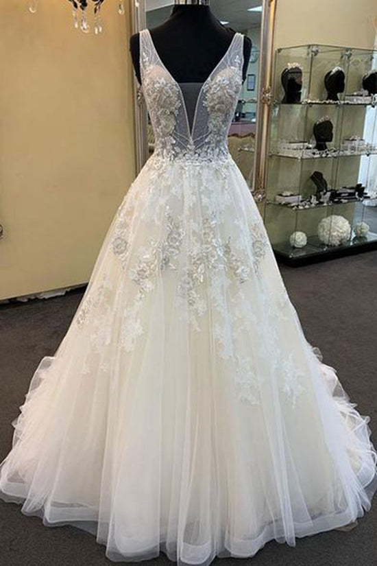 Unique Long A-line Tulle V Neck Beaded Lace Wedding Dress-BIZTUNNEL