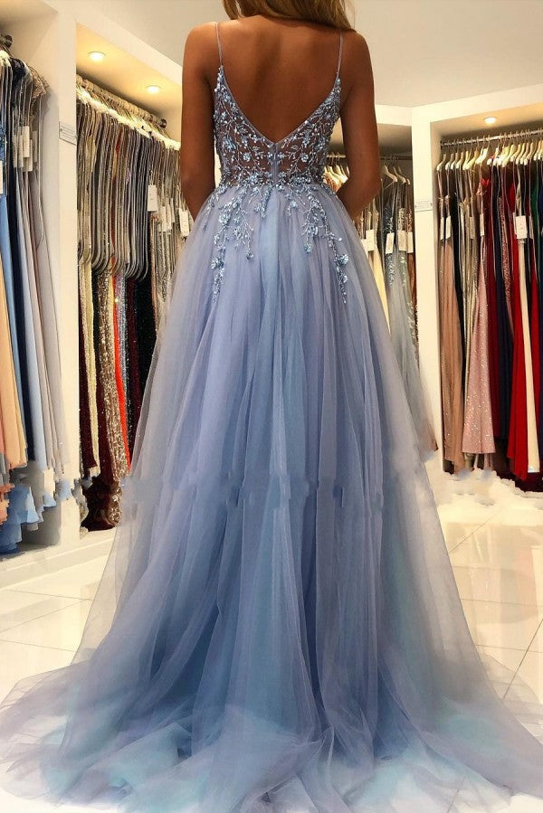 Load image into Gallery viewer, Unique Long A-line V-neck Tulle Open Back Prom Dress with Slit-BIZTUNNEL

