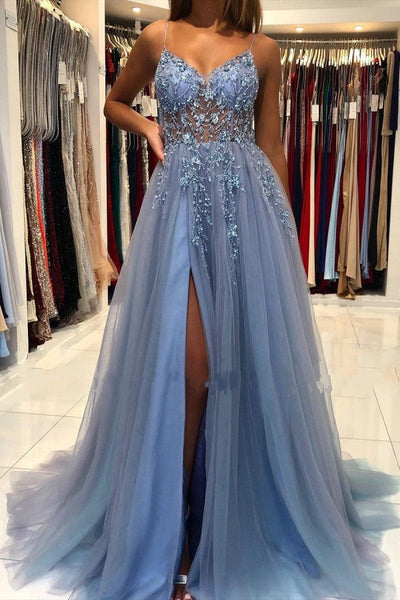 Romantic Long A-Line V-neck Tulle Open Back Prom Dress main image 0