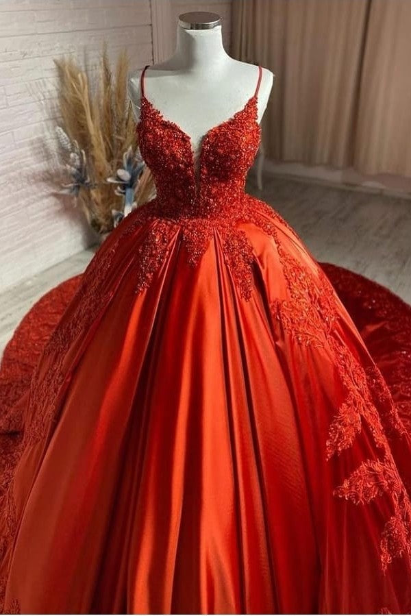 Unique Long Princess Sweetheart Backless Appliques Lace Satin Wedding Dress-BIZTUNNEL