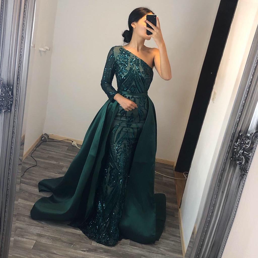 Unique Mermaid One Shoulder Sequins Long Prom Dress with Sleeves-BIZTUNNEL