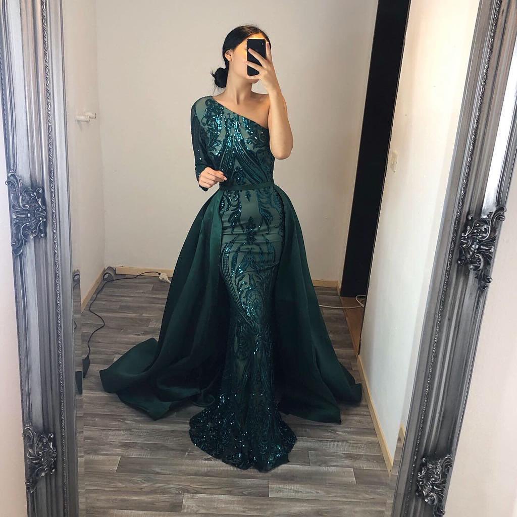 Unique Mermaid One Shoulder Sequins Long Prom Dress with Sleeves-BIZTUNNEL