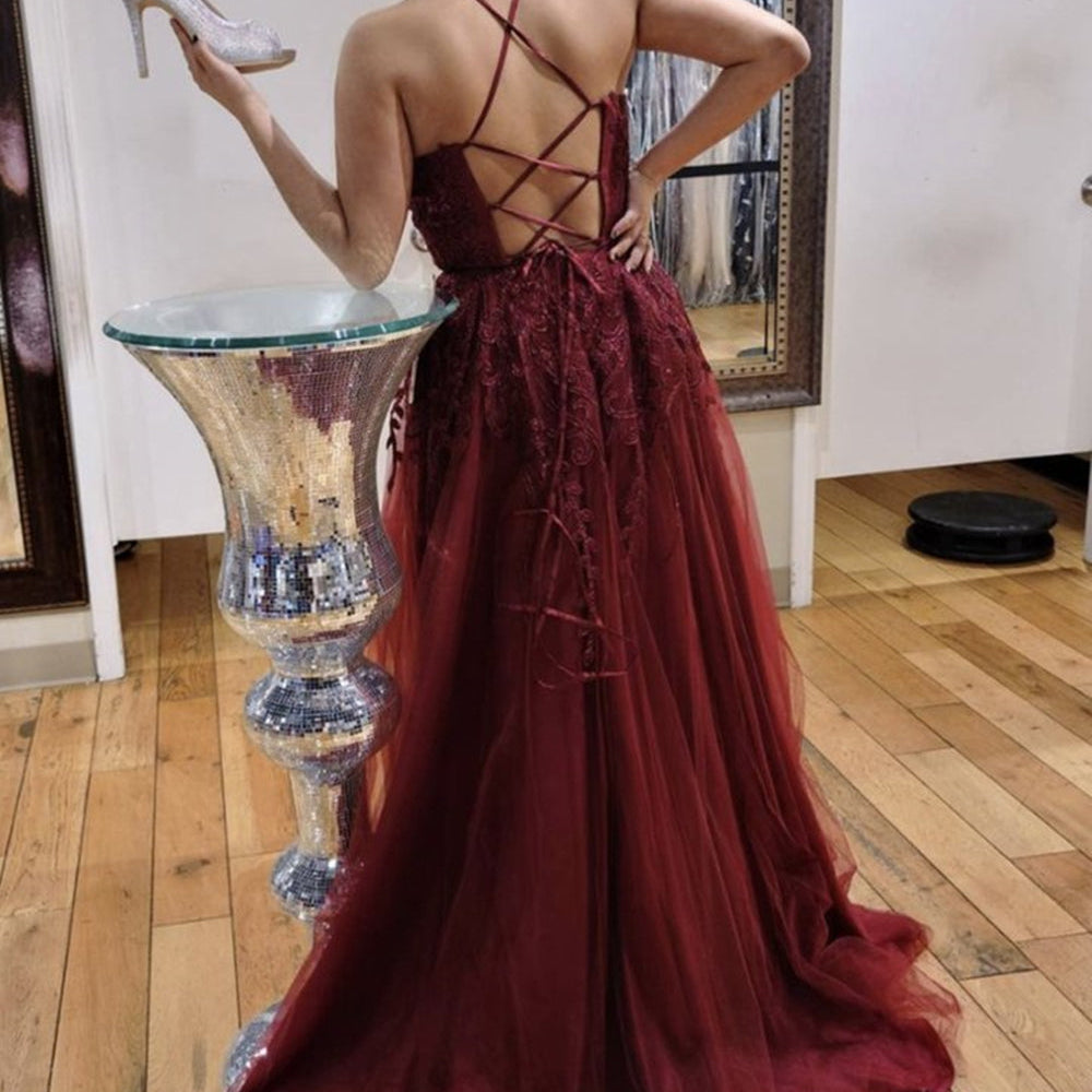 V Neck Backless Burgundy Lace Long Prom, Long Wine Red Lace Formal Evening V Neck Backless Burgundy Lace Long Prom, Long Wine Red Lace Formal Evening
