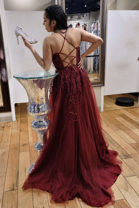 V Neck Backless Burgundy Lace Long Prom, Long Wine Red Lace Formal Evening-BIZTUNNEL