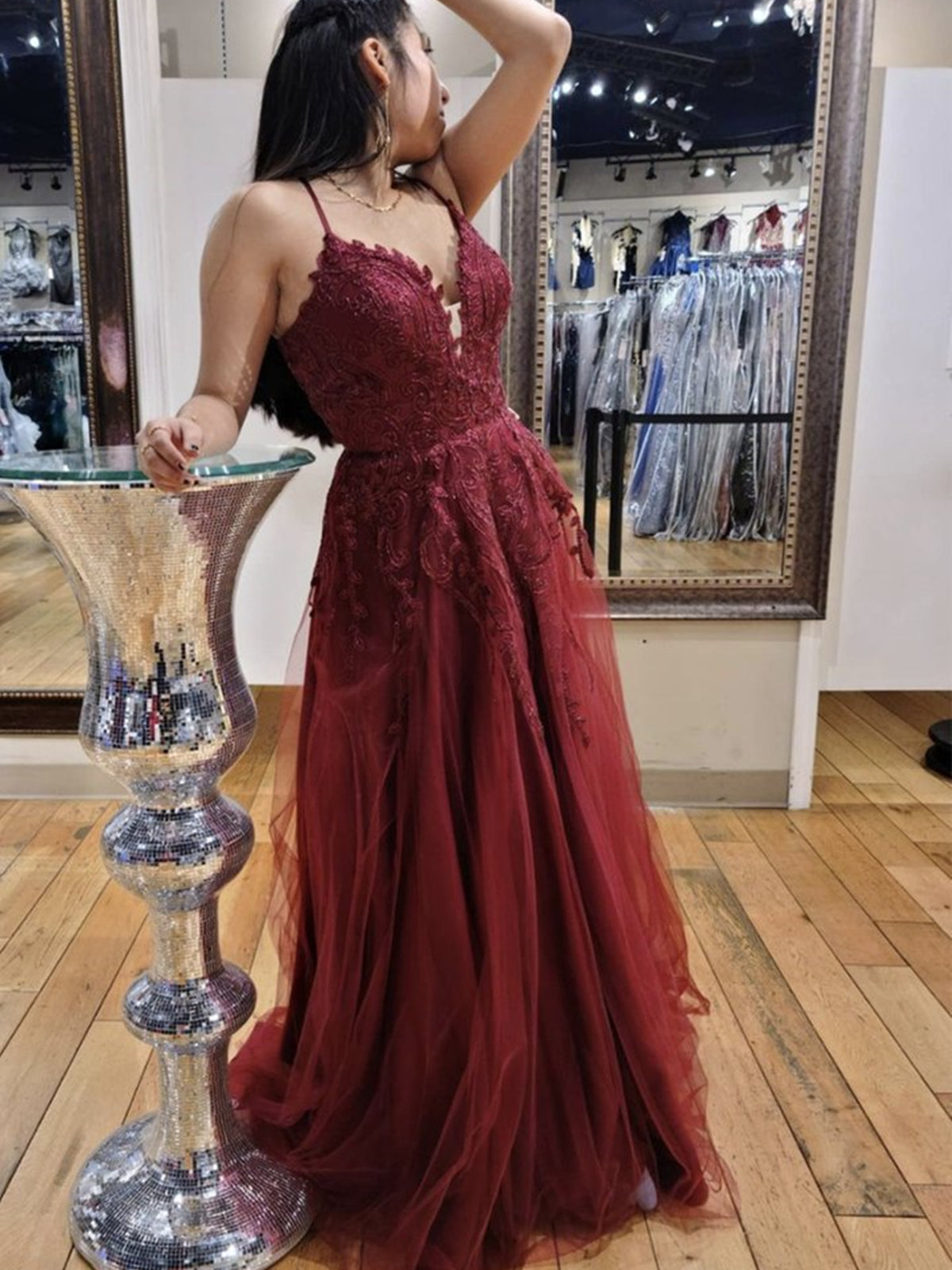 V Neck Backless Burgundy Lace Long Prom, Long Wine Red Lace Formal Evening-BIZTUNNEL