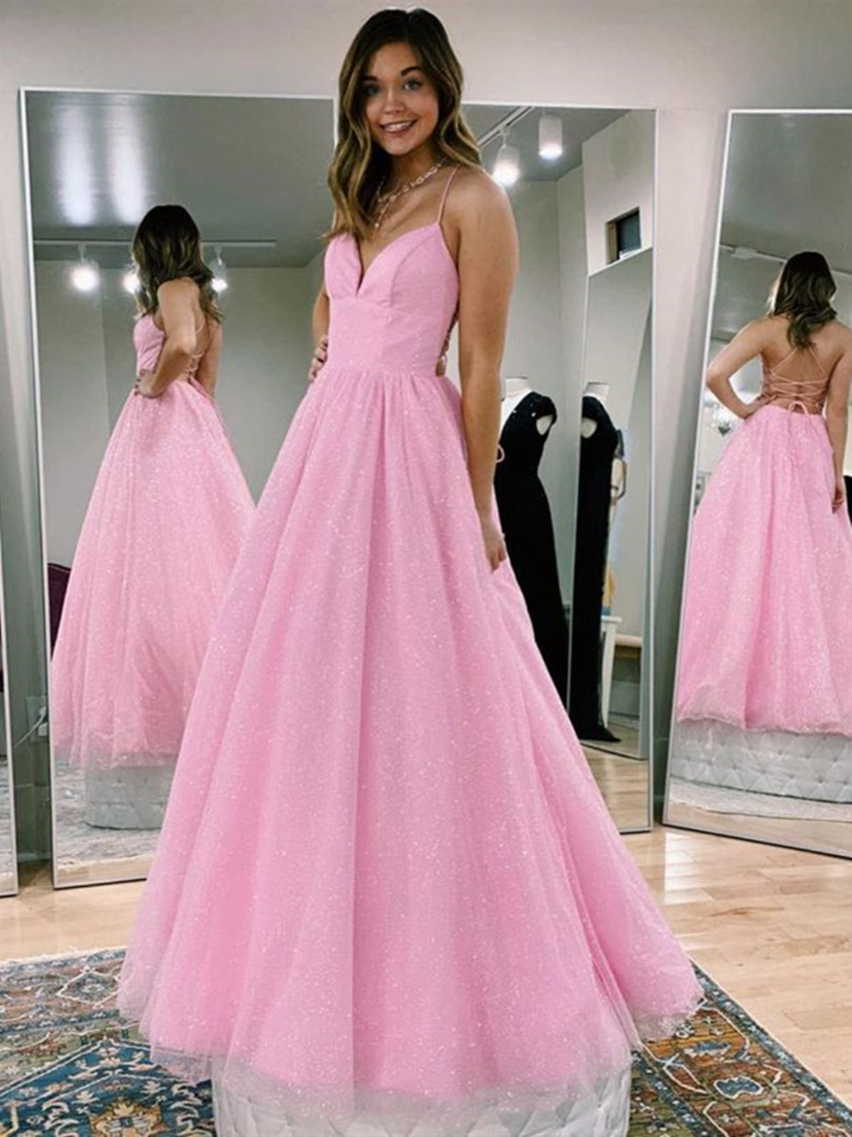 V Neck Backless Pink Long Prom Dresses Backless Sparkly Pink Formal Graduation Dresses-BIZTUNNEL