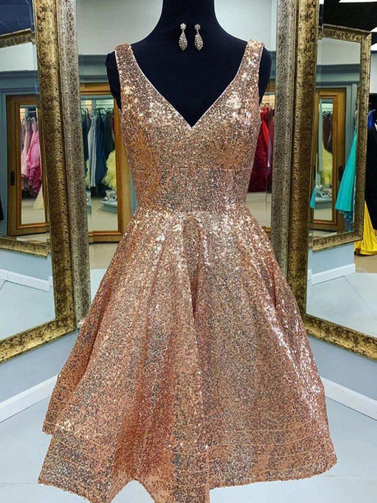 V Neck Champagne Lace Short Prom Homecoming Dresses Sequined Formal Party Gowns-BIZTUNNEL