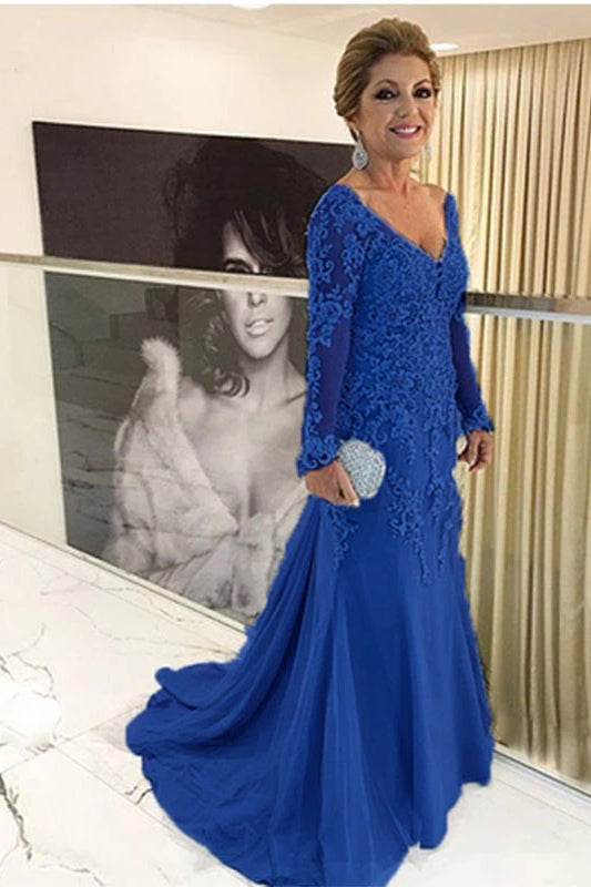 V-neck Long Sleeves Mother Of The Bride Dress with Lace Applique V-neck Long Sleeves Mother Of The Bride Dress with Lace Applique