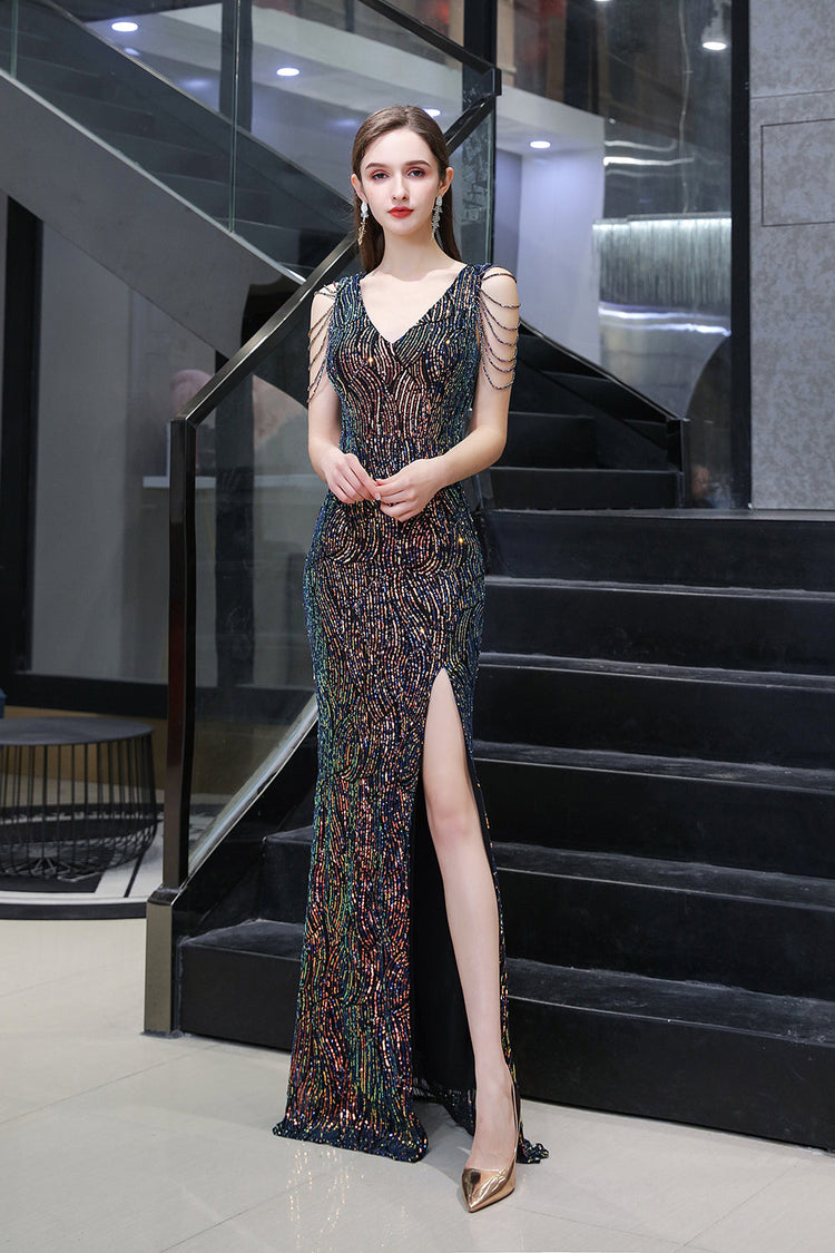 Fashion V-neck Long Sleeve Sequined Fringed Evening Dress