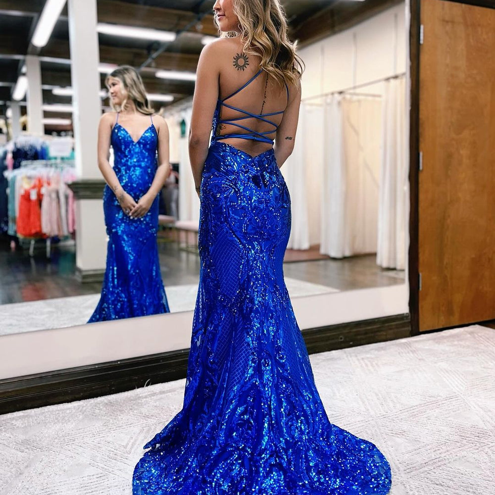 V Neck Spaghetti Straps Backless Royal Blue Sequin Long Prom Dress BIZTUNNEL V Neck Spaghetti Straps Backless Royal Blue Sequin Long Prom Dress BIZTUNNEL