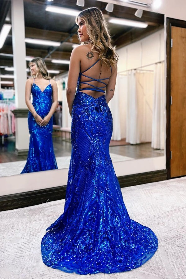 V Neck Spaghetti Straps Backless Royal Blue Sequin Long Prom Dress V Neck Spaghetti Straps Backless Royal Blue Sequin Long Prom Dress