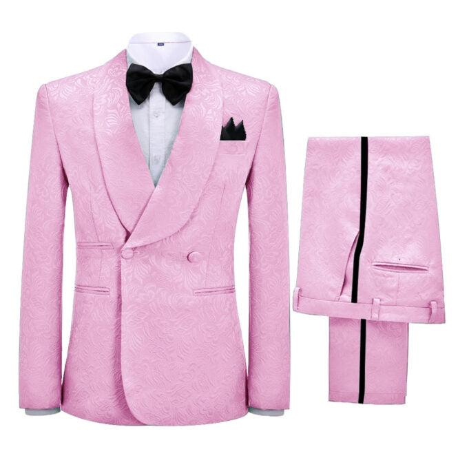 
                  
                    Valentine Fashion Pink Jacquard Shawl Lapel Double Breasted Wedding Suits
                  
                