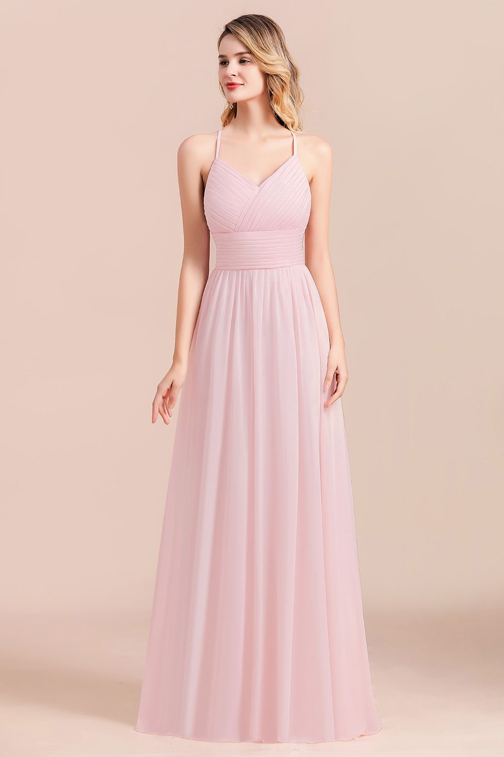 Vintage A-Line V-neck Spaghetti Straps Chiffon Bridesmaid Dress Long Evening Dress-BIZTUNNEL