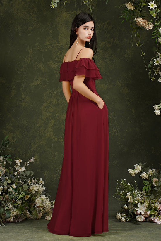 Vintage Long A-line Backless Front Split Chiffon Bridesmaid Dress With Pockets-BIZTUNNEL