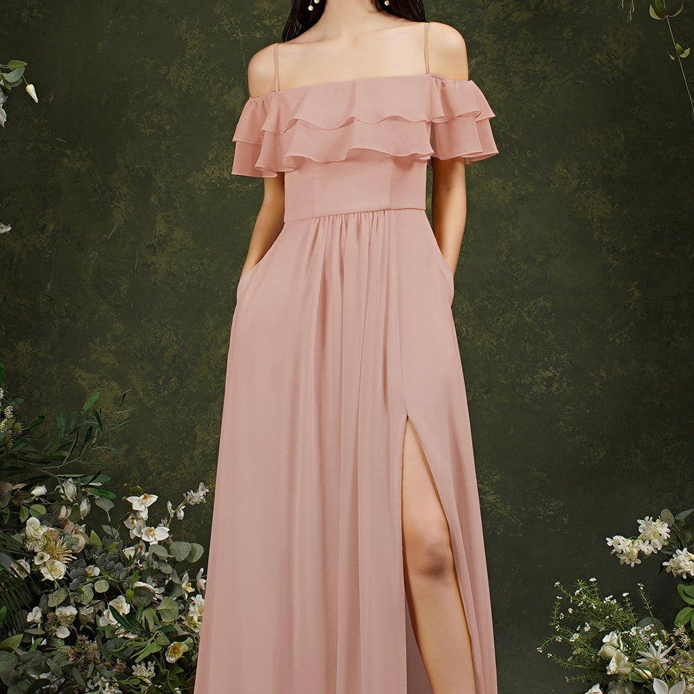 Vintage Long A-line Backless Front Split Chiffon Bridesmaid Dress With Pockets Vintage Long A-line Backless Front Split Chiffon Bridesmaid Dress With Pockets