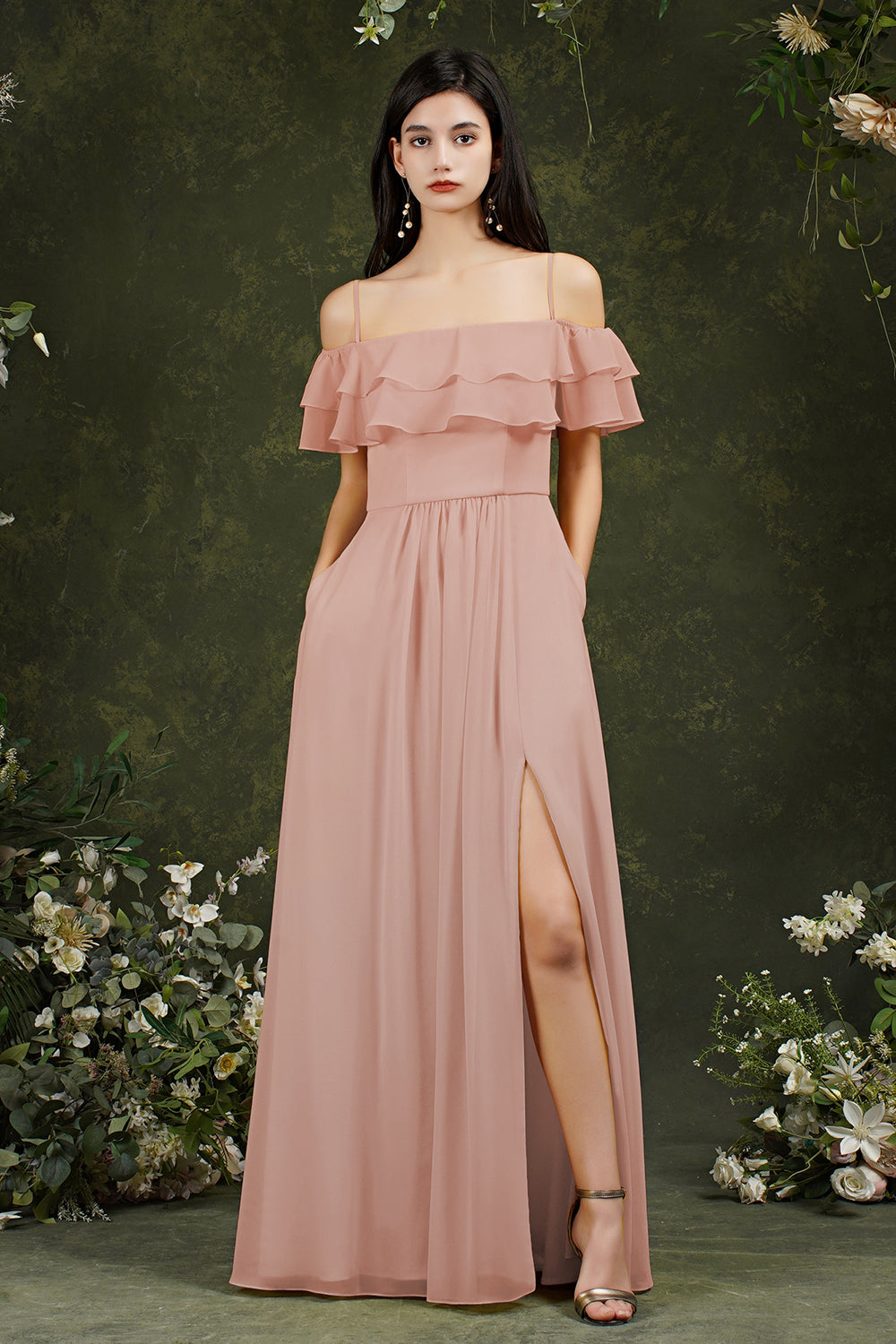 Vintage Long A-line Backless Front Split Chiffon Bridesmaid Dress With Pockets-BIZTUNNEL