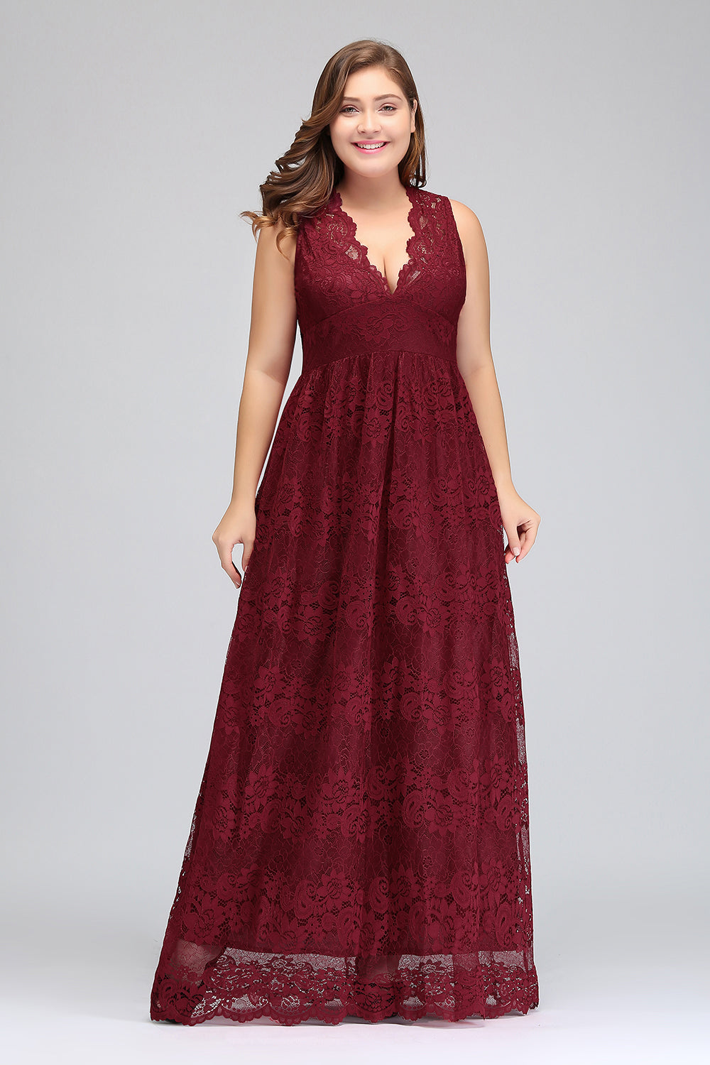 Vintage Long A-line Deep V-neck Lace Bridesmaid Dress-BIZTUNNEL