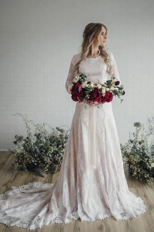 Vintage Long A Line Lace Wedding Dress with Sleeves-BIZTUNNEL