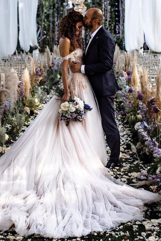Classy Long A-line Off-the-shoulder Tulle Lace Wedding Dress main image 0
