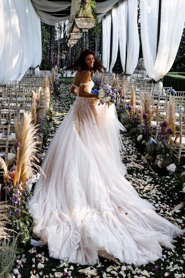 A Line Off the Shoulder Lace Tulle Wedding Dresses Rustic Wedding Gown TN232 main image 1
