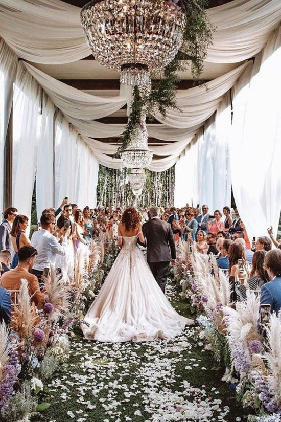 Elegant Long A-line Off-the-Shoulder Lace Tulle Wedding Dress