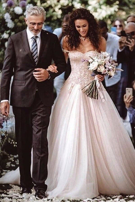 Long A-Line Off-the-Shoulder Lace Tulle Wedding Dresses main image 1