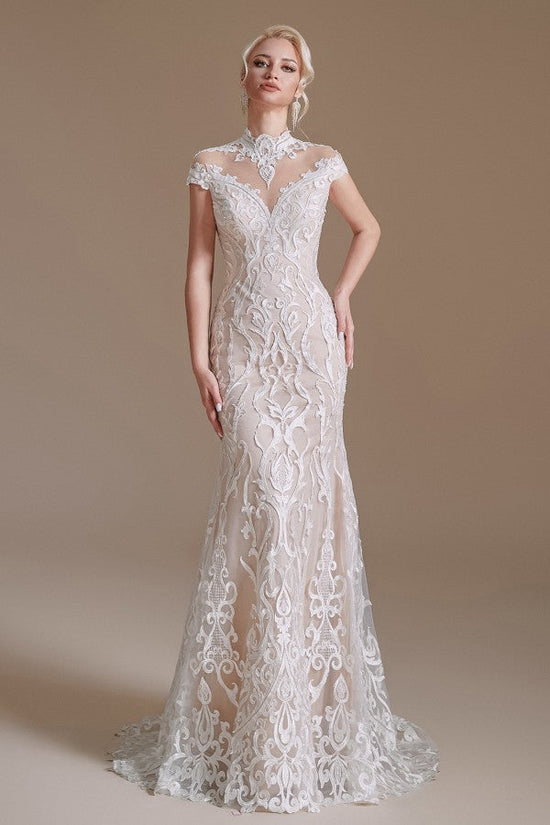 Load image into Gallery viewer, Vintage Long Mermaid High-neck Lace Wedding Dress with sleeves-BIZTUNNEL
