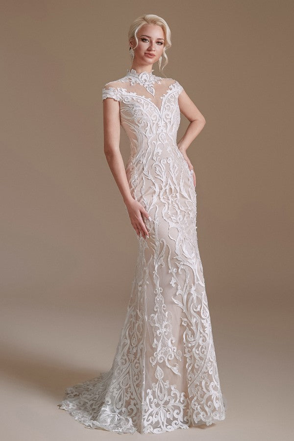Vintage Long Mermaid High-neck Lace Wedding Dress with sleeves-BIZTUNNEL
