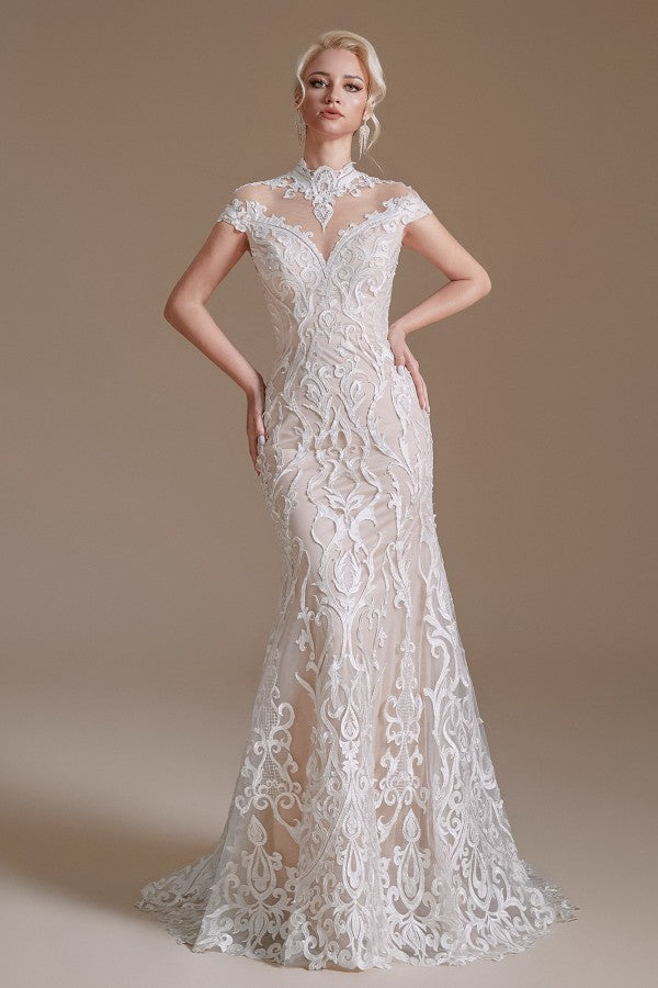 Vintage Long Mermaid High-neck Lace Wedding Dress with sleeves-BIZTUNNEL