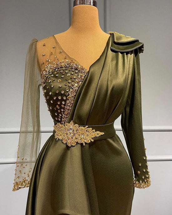 Vintage Long Mermaid V-neck Beading Satin Prom Dress with Sleeves-BIZTUNNEL