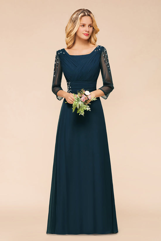 Load image into Gallery viewer, Vintage Long Sleeve A-line Chiffon Bridesmaid Dress With Crystal Embellishment-BIZTUNNEL
