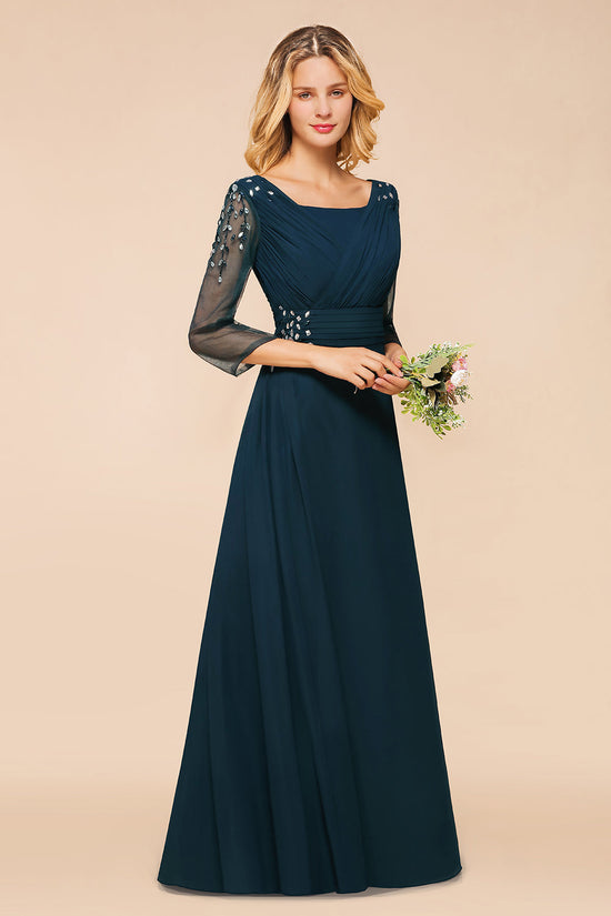 Load image into Gallery viewer, Vintage Long Sleeve A-line Chiffon Bridesmaid Dress With Crystal Embellishment-BIZTUNNEL
