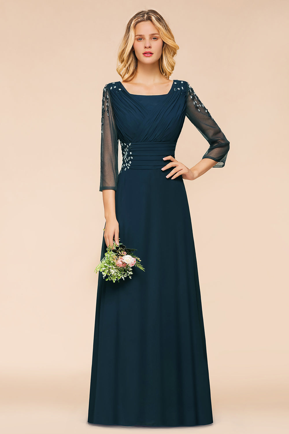 Vintage Long Sleeve A-line Chiffon Bridesmaid Dress With Crystal Embellishment-BIZTUNNEL